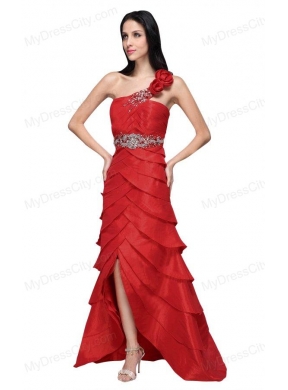 Column Wine Red Hand Made Flowers Strapless Beading Ruffled Layers Prom Dress