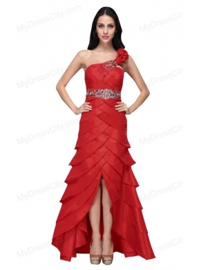 Column Wine Red Hand Made Flowers Strapless Beading Ruffled Layers Prom Dress