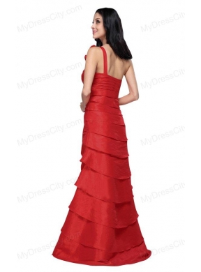 Column Wine Red Hand Made Flowers Strapless Beading Ruffled Layers Prom Dress