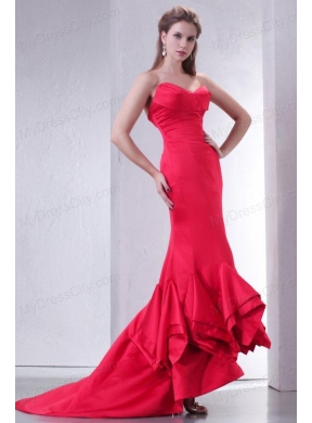 Coral Red Mermaid Sweetheart High-low Prom Dress with Ruffles