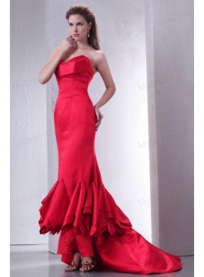 Coral Red Mermaid Sweetheart High-low Prom Dress with Ruffles