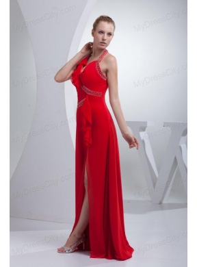 Empire Brush Train Red Beading Halter Chiffon 2014 Prom Dress