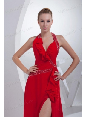 Empire Brush Train Red Beading Halter Chiffon 2014 Prom Dress