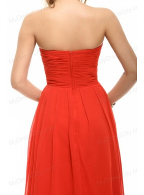 Empire Coral Red Strapless Beading and Ruching Prom Dress