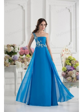 Empire One Shoulder Chiffon Appliques Ruching Dodger Blue Prom Dress