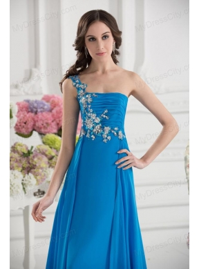 Empire One Shoulder Chiffon Appliques Ruching Dodger Blue Prom Dress