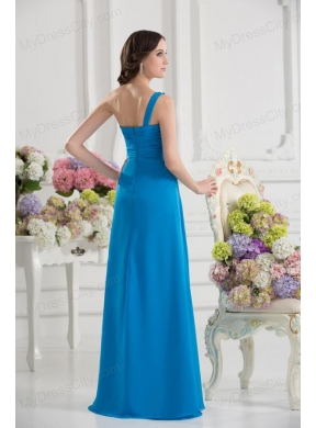 Empire One Shoulder Chiffon Appliques Ruching Dodger Blue Prom Dress