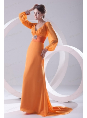 Empire Orange V-neck Long Sleeves Prom Dress with Beading Ruching