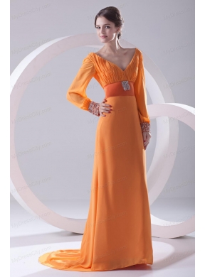 Empire Orange V-neck Long Sleeves Prom Dress with Beading Ruching