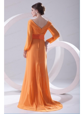 Empire Orange V-neck Long Sleeves Prom Dress with Beading Ruching