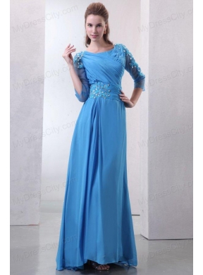 Empire Scoop Appliques with Beading 3/4-Length Sleeves Teal Prom Dress