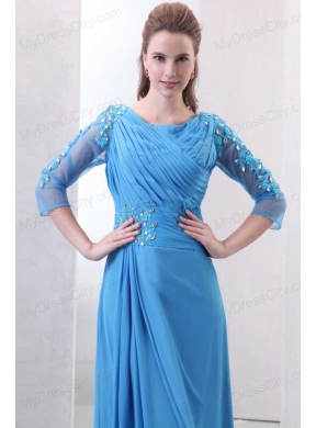 Empire Scoop Appliques with Beading 3/4-Length Sleeves Teal Prom Dress