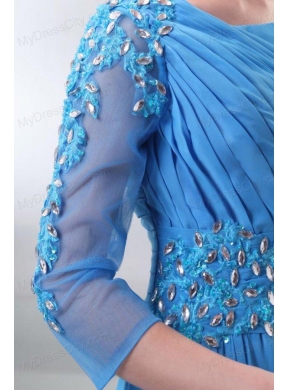 Empire Scoop Appliques with Beading 3/4-Length Sleeves Teal Prom Dress