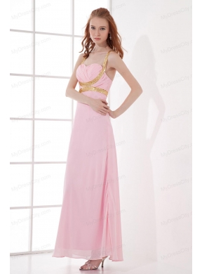 Empire Straps Baby Pink Prom Dress with Beading and Ruchings Chiffon