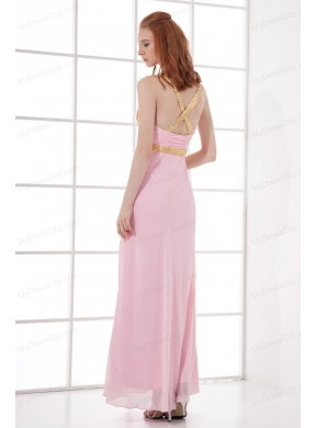 Empire Straps Baby Pink Prom Dress with Beading and Ruchings Chiffon