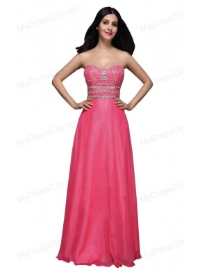 Empire Sweetheart Chiffon Hot Pink Beading and Ruching Prom Dress