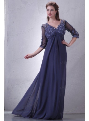 Empire V-neck Chiffon Appliques with Beading Prom Dress with 3/4-length Sleeves