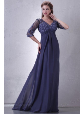 Empire V-neck Chiffon Appliques with Beading Prom Dress with 3/4-length Sleeves