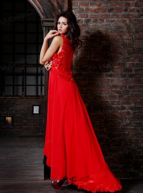 Empire V-neck Red Chiffon Floor-length Hand Made Flowers Side Zipper Prom Dress