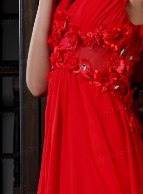 Empire V-neck Red Chiffon Floor-length Hand Made Flowers Side Zipper Prom Dress