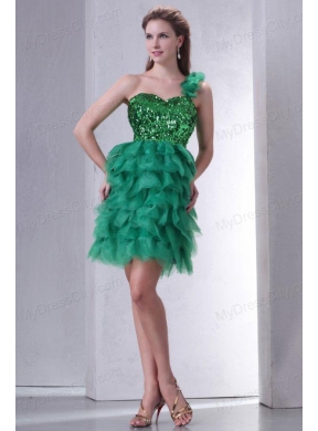 Green One Shoulder Mini-length Sequins and Ruffled Layers Prom Dress