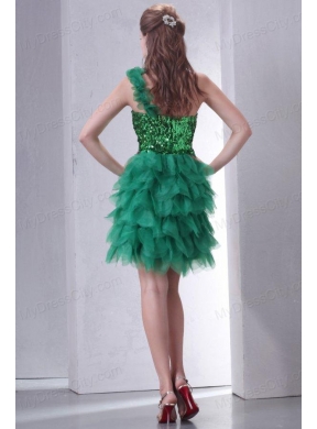 Green One Shoulder Mini-length Sequins and Ruffled Layers Prom Dress