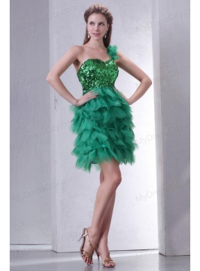 Green One Shoulder Mini-length Sequins and Ruffled Layers Prom Dress