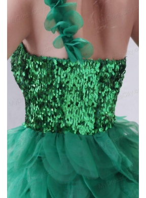 Green One Shoulder Mini-length Sequins and Ruffled Layers Prom Dress