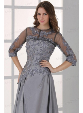 Grey A-line Scoop Half Sleeves Prom Dress with Appliques and Beading