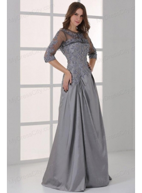 Grey A-line Scoop Half Sleeves Prom Dress with Appliques and Beading