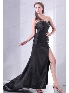 High Slit Black Sweetheart Prom Dress with Beading and Ruching