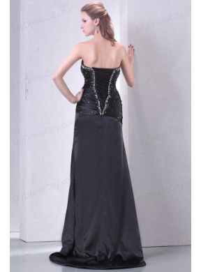 High Slit Black Sweetheart Prom Dress with Beading and Ruching