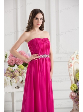 Hot Pink Empire Strapless Ruching Beading Brush Train Prom Dress