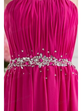 Hot Pink Empire Strapless Ruching Beading Brush Train Prom Dress