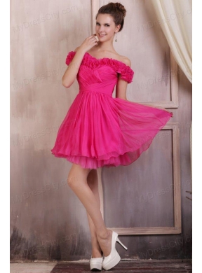 Hot Pink Short Mini-length Prom Dress with Off The Shoulder Flowers