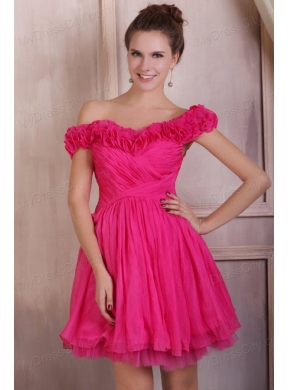 Hot Pink Short Mini-length Prom Dress with Off The Shoulder Flowers