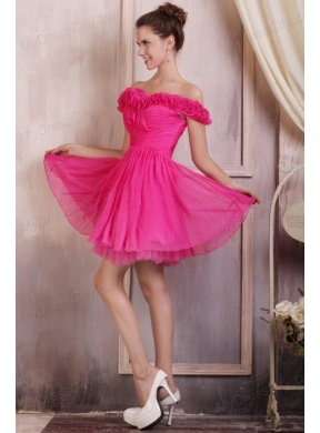 Hot Pink Short Mini-length Prom Dress with Off The Shoulder Flowers