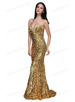 Mermaid Gold Sweetheart Sequins Beading Floor-length Prom Dress