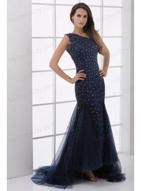 Mermaid One Shoulder Navy Blue Beading Tulle  Prom Dress