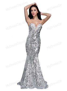 Mermaid Silver Sequins Sweetheart Beading Brush Train Prom Dress