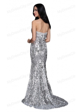 Mermaid Silver Sequins Sweetheart Beading Brush Train Prom Dress