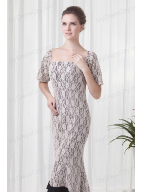 Mermaid Square White Lace Floor-length Prom Dress with Short Sleeves