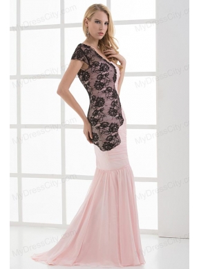 Mermaid Sweetheart Ruching Chiffon Lace Light Pink Prom Dress