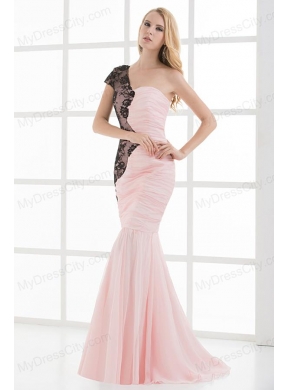 Mermaid Sweetheart Ruching Chiffon Lace Light Pink Prom Dress