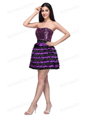 Multi-color Strapless A-line Ruffled Layers Sequins Knee-length Prom Dress