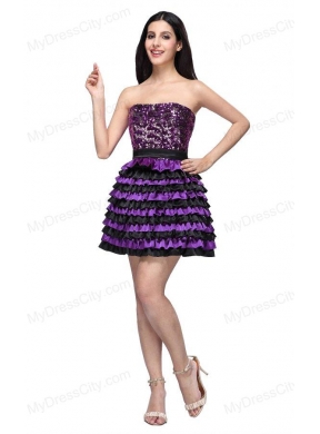 Multi-color Strapless A-line Ruffled Layers Sequins Knee-length Prom Dress