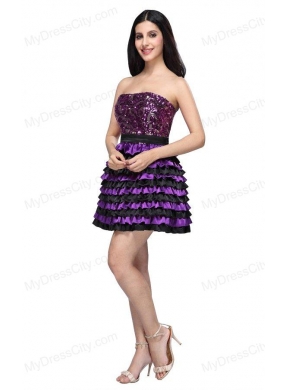 Multi-color Strapless A-line Ruffled Layers Sequins Knee-length Prom Dress