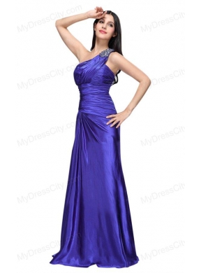 One Shoulder Beading and Ruche Column Prom Dress in Blue