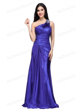 One Shoulder Beading and Ruche Column Prom Dress in Blue