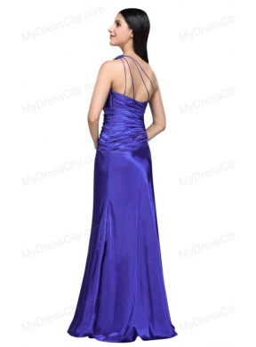 One Shoulder Beading and Ruche Column Prom Dress in Blue